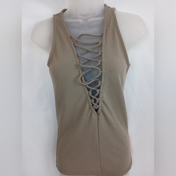 BKE Tan Lace-Up Top (#1,355) - Picture 1 of 7